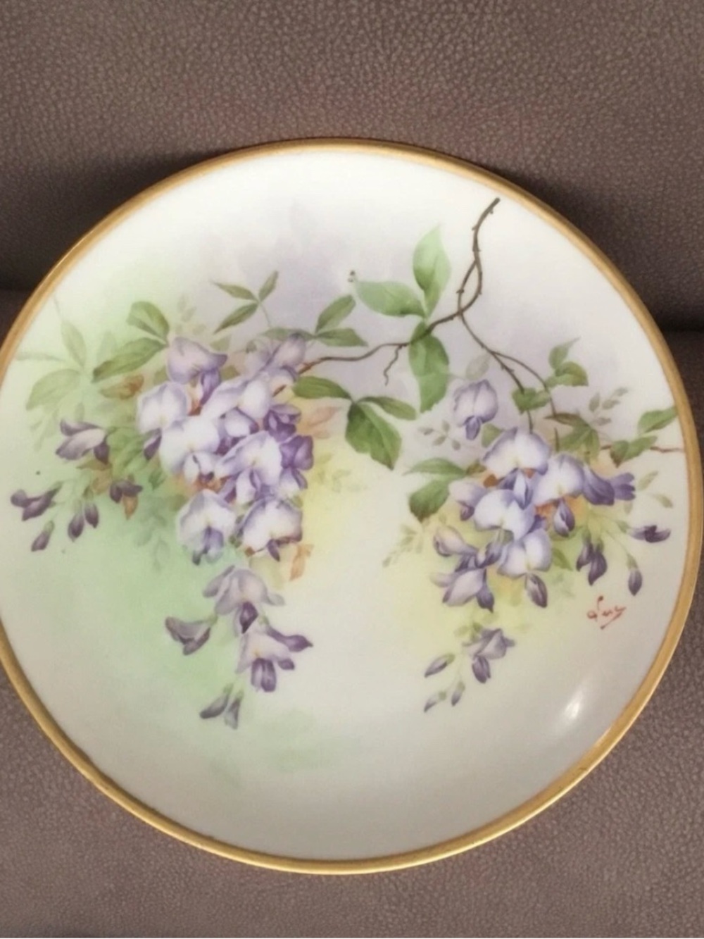 A Lanternier Limoges France Hand Painted Wisteria Gold Rim Plate  8.75” Violets